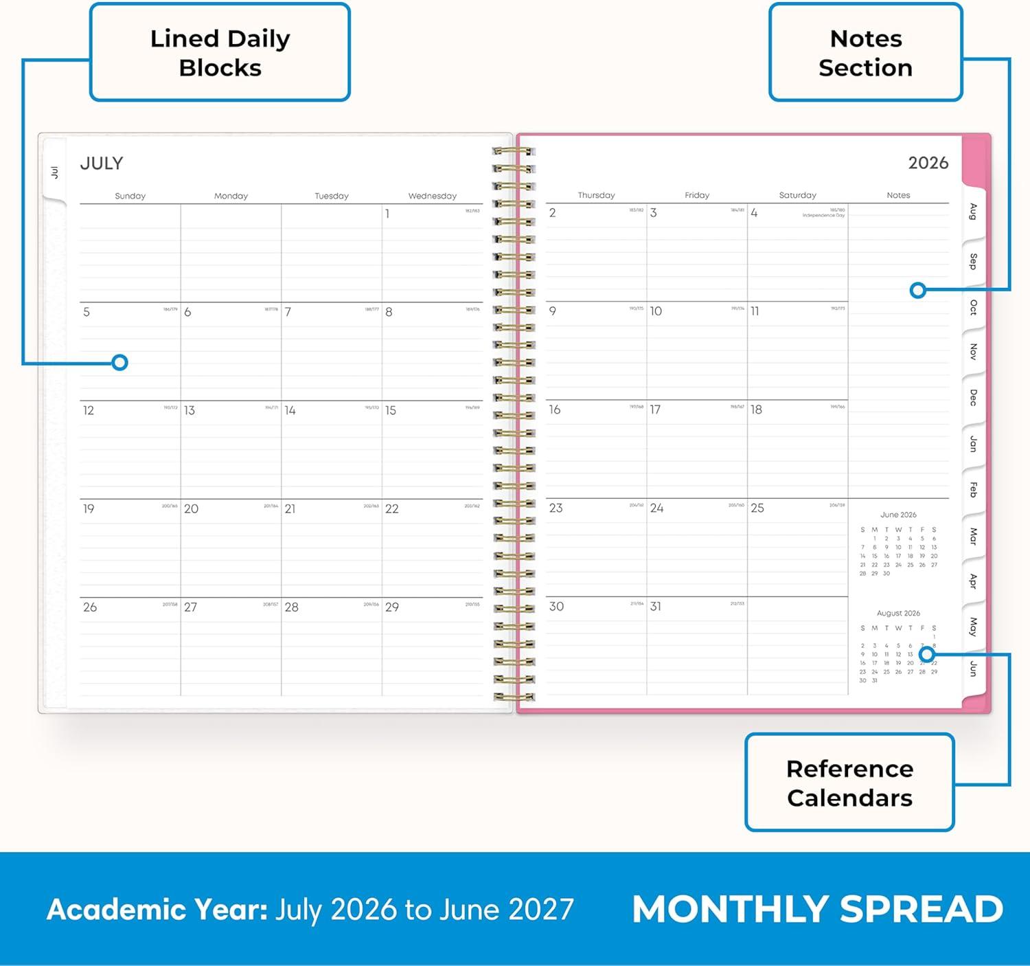 imageBlue Sky 20262027 Weekly and Monthly Academic Year Planner Calendar July 2026 June 2027 5 x 8 Flexible Cover Wirebound Laminated Tabs Roosevelt PinkRoosevelt Pink 20262027