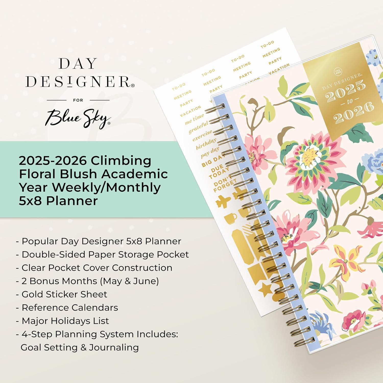 imageBlue Sky Day Designer 20262027 Weekly and Monthly Academic Year Planner Calendar July 2026 June 2027 5 x 8 Clear Pocket Cover Laminated Tabs Storage Pocket Includes Stickers Climbing Floral BlushClimbing Floral Blush 20252026
