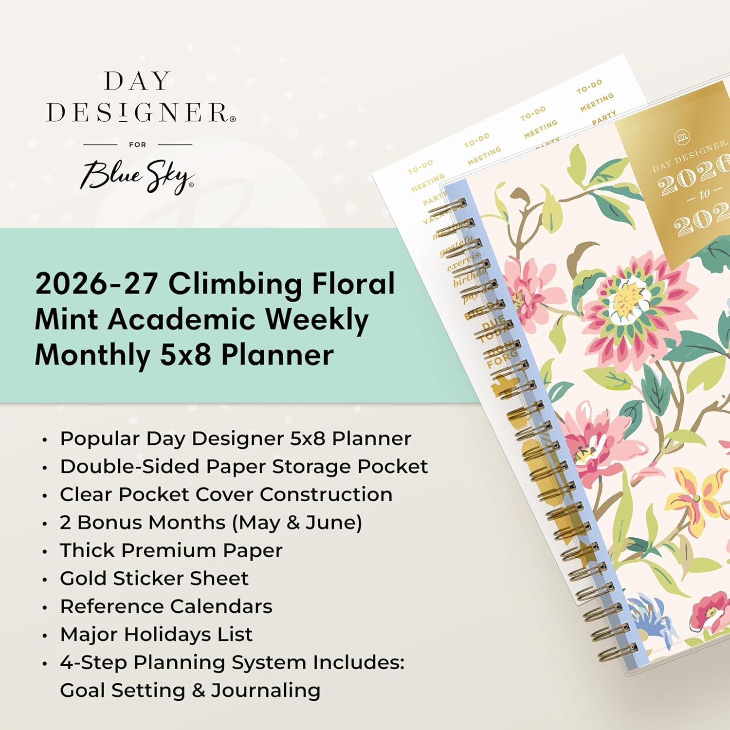 imageBlue Sky Day Designer 20262027 Weekly and Monthly Academic Year Planner Calendar July 2026 June 2027 5 x 8 Clear Pocket Cover Laminated Tabs Storage Pocket Includes Stickers Climbing Floral BlushClimbing Floral Blush 20262027