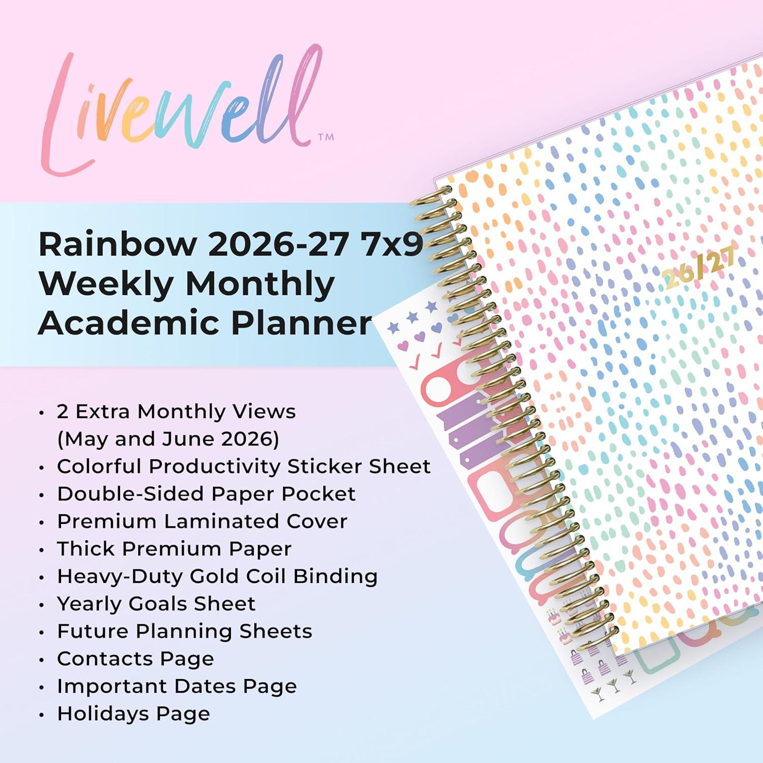 imageBlue Sky Livewell 20262027 Weekly and Monthly Academic Year Planner Calendar July 2026 June 2027 7 x 9 Flexible Cover Wirebound Colorful Interior Laminated Tabs Storage Pocket Includes Stickers CharmieRainbow 20262027