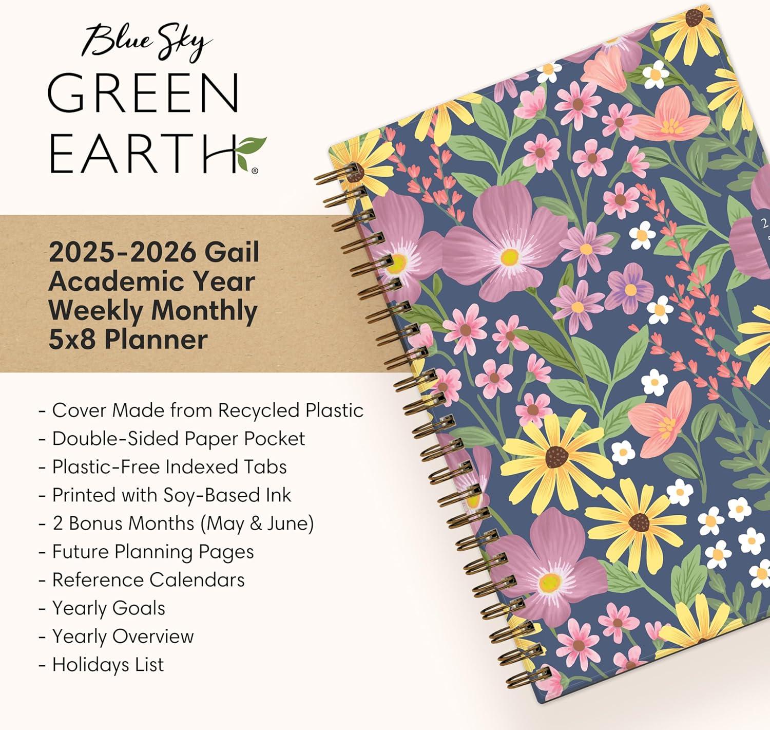 imageBlue Sky Sustainability 20262027 Weekly and Monthly Academic Year Planner Calendar July 2026 June 2027 5 x 8 Flexible Cover From Recycled Plastic Wirebound Laminated Tabs Storage Pocket GailGail 20252026