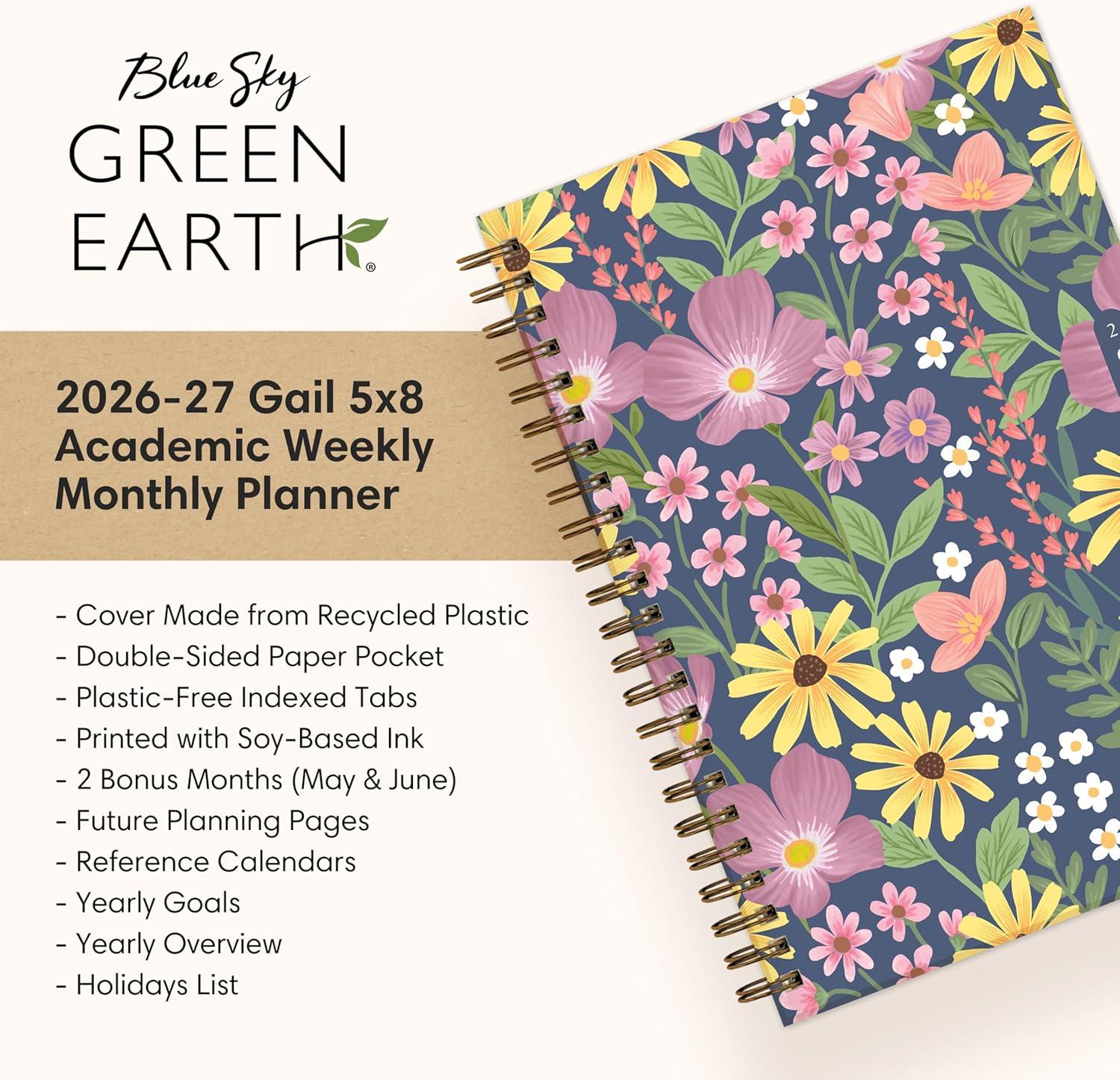 imageBlue Sky Sustainability 20262027 Weekly and Monthly Academic Year Planner Calendar July 2026 June 2027 5 x 8 Flexible Cover From Recycled Plastic Wirebound Laminated Tabs Storage Pocket GailGail 20262027