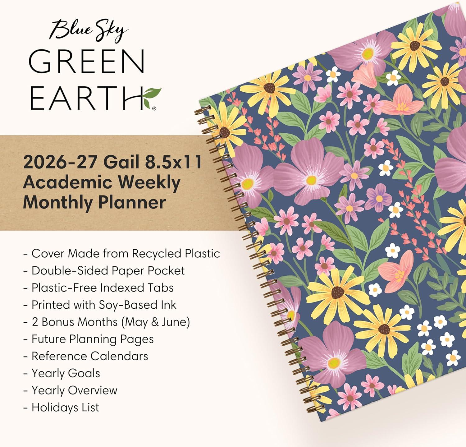 imageBlue Sky Sustainability 20262027 Weekly and Monthly Academic Year Planner Calendar July 2026 June 2027 5 x 8 Flexible Cover From Recycled Plastic Wirebound Laminated Tabs Storage Pocket GailGail 20262027