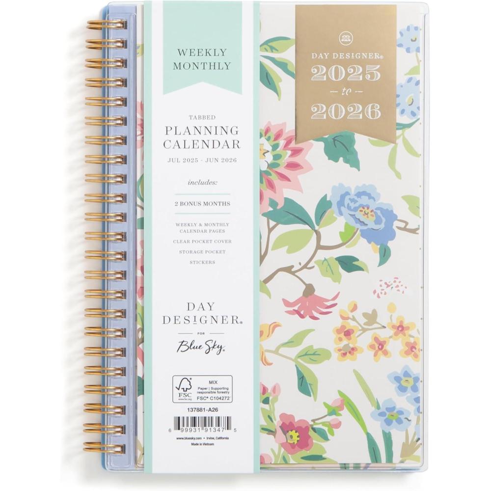 imageBlue Sky Day Designer 20262027 Weekly and Monthly Academic Year Planner Calendar July 2026 June 2027 5 x 8 Clear Pocket Cover Laminated Tabs Storage Pocket Includes Stickers Climbing Floral BlushClimbing Floral Blush 20252026