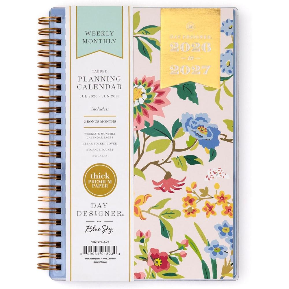 imageBlue Sky Day Designer 20262027 Weekly and Monthly Academic Year Planner Calendar July 2026 June 2027 5 x 8 Clear Pocket Cover Laminated Tabs Storage Pocket Includes Stickers Climbing Floral BlushClimbing Floral Blush 20262027