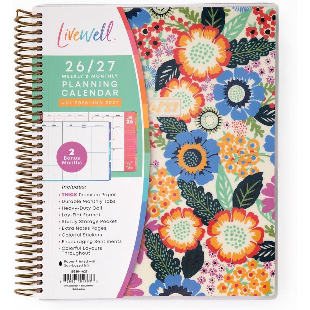 imageBlue Sky Livewell 20262027 Weekly and Monthly Academic Year Planner Calendar July 2026 June 2027 7 x 9 Flexible Cover Wirebound Colorful Interior Laminated Tabs Storage Pocket Includes Stickers CharmieCharmie 20262027
