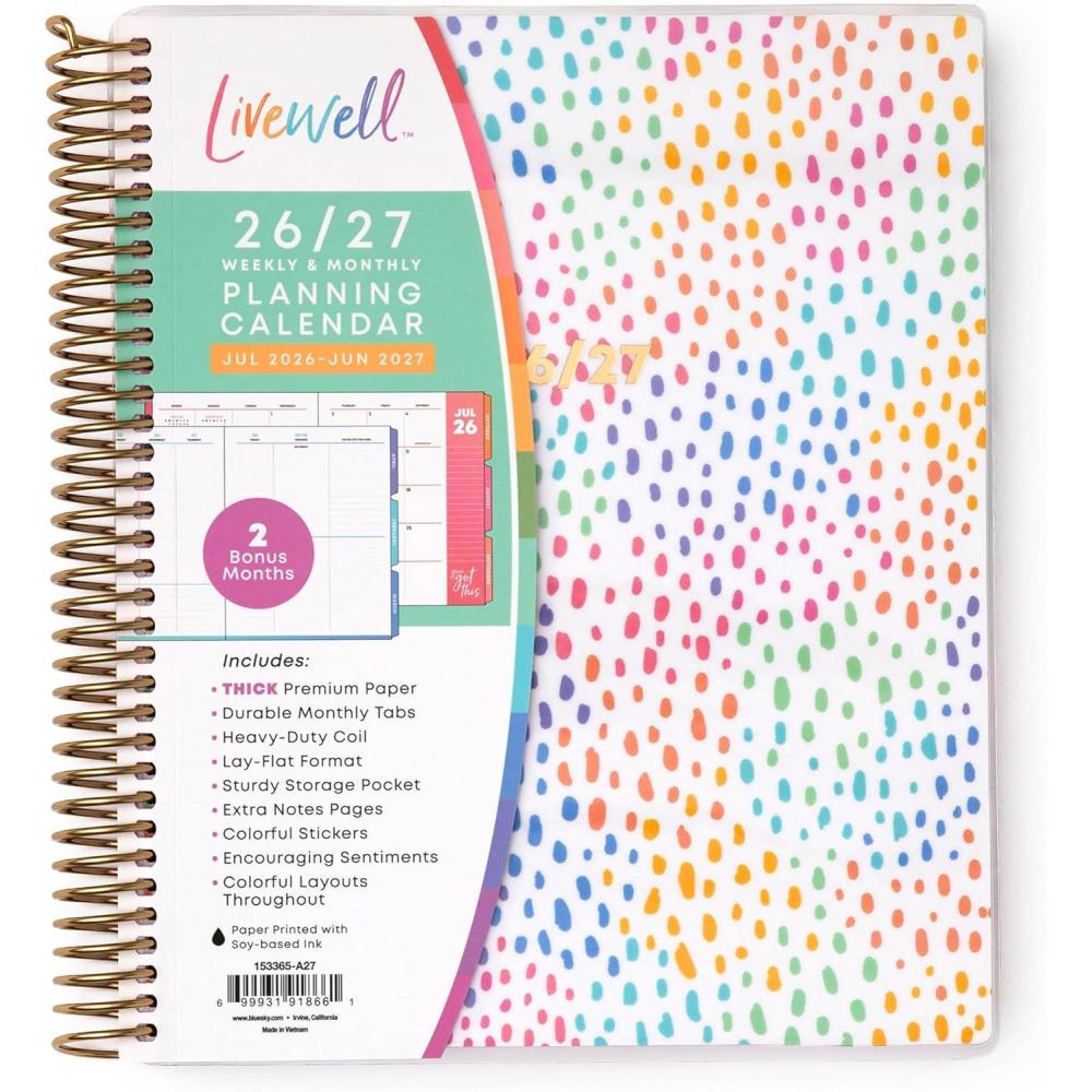 imageBlue Sky Livewell 20262027 Weekly and Monthly Academic Year Planner Calendar July 2026 June 2027 7 x 9 Flexible Cover Wirebound Colorful Interior Laminated Tabs Storage Pocket Includes Stickers CharmieRainbow 20262027