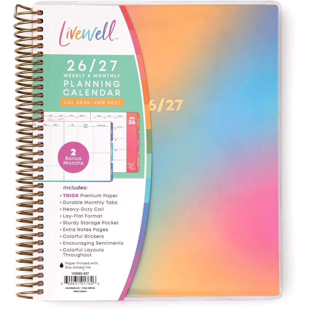 imageBlue Sky Livewell 20262027 Weekly and Monthly Academic Year Planner Calendar July 2026 June 2027 7 x 9 Flexible Cover Wirebound Colorful Interior Laminated Tabs Storage Pocket Includes Stickers CharmieBeck 20262027