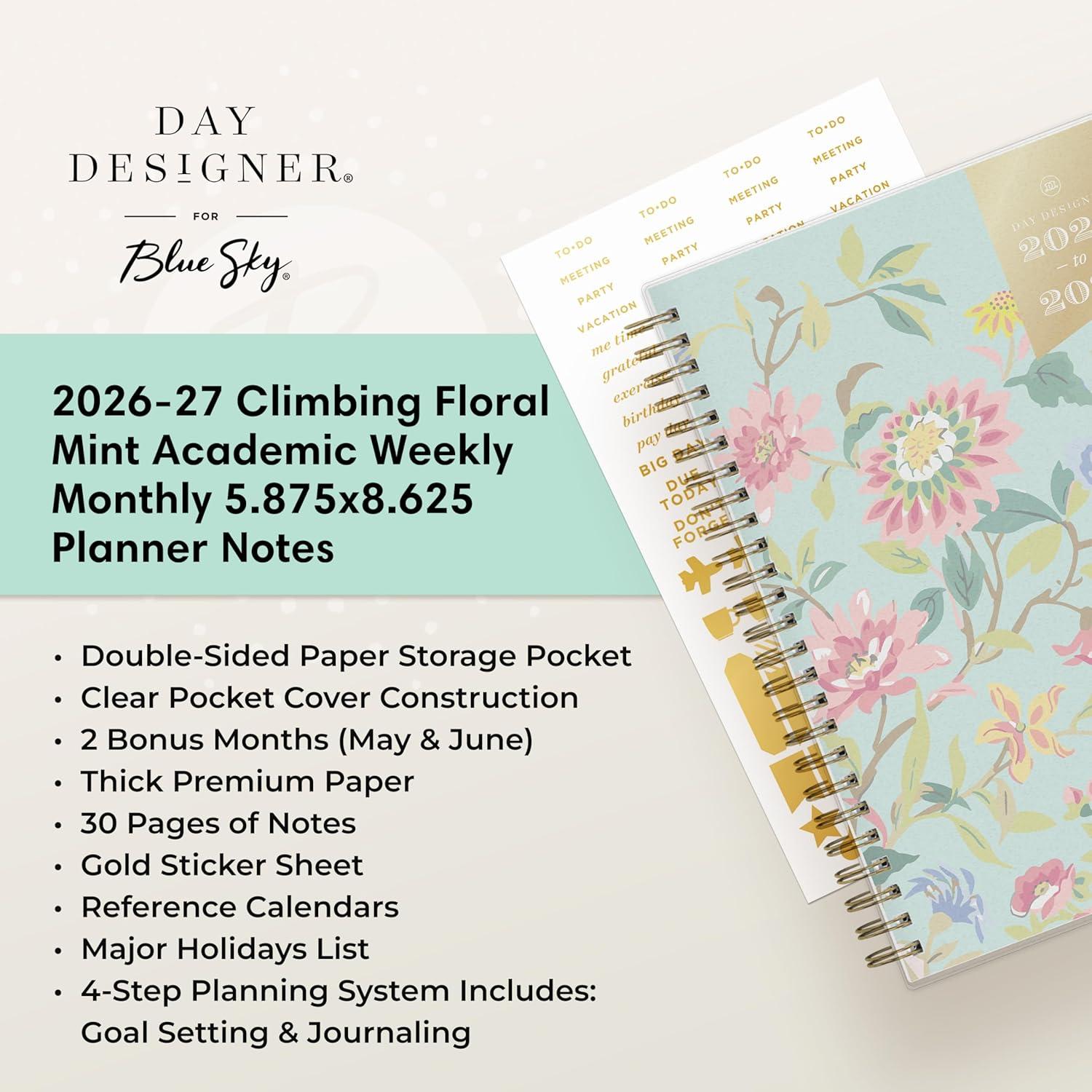 imageBlue Sky Day Designer 20262027 Weekly and Monthly Academic Year Planner Calendar July 2026 June 2027 5875 x 8625 Flexible Cover Laminated Tabs Storage Pocket Includes Stickers and 30 Extra Sheets of Notes Climbing Floral MintClimbing Floral Mint 20262027