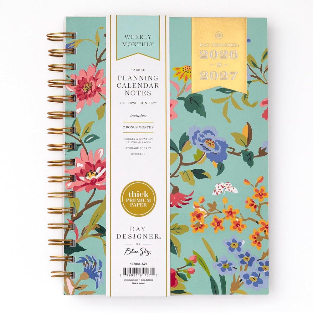 imageBlue Sky Day Designer 20262027 Weekly and Monthly Academic Year Planner Calendar July 2026 June 2027 5875 x 8625 Flexible Cover Laminated Tabs Storage Pocket Includes Stickers and 30 Extra Sheets of Notes Climbing Floral MintClimbing Floral Mint 20262027