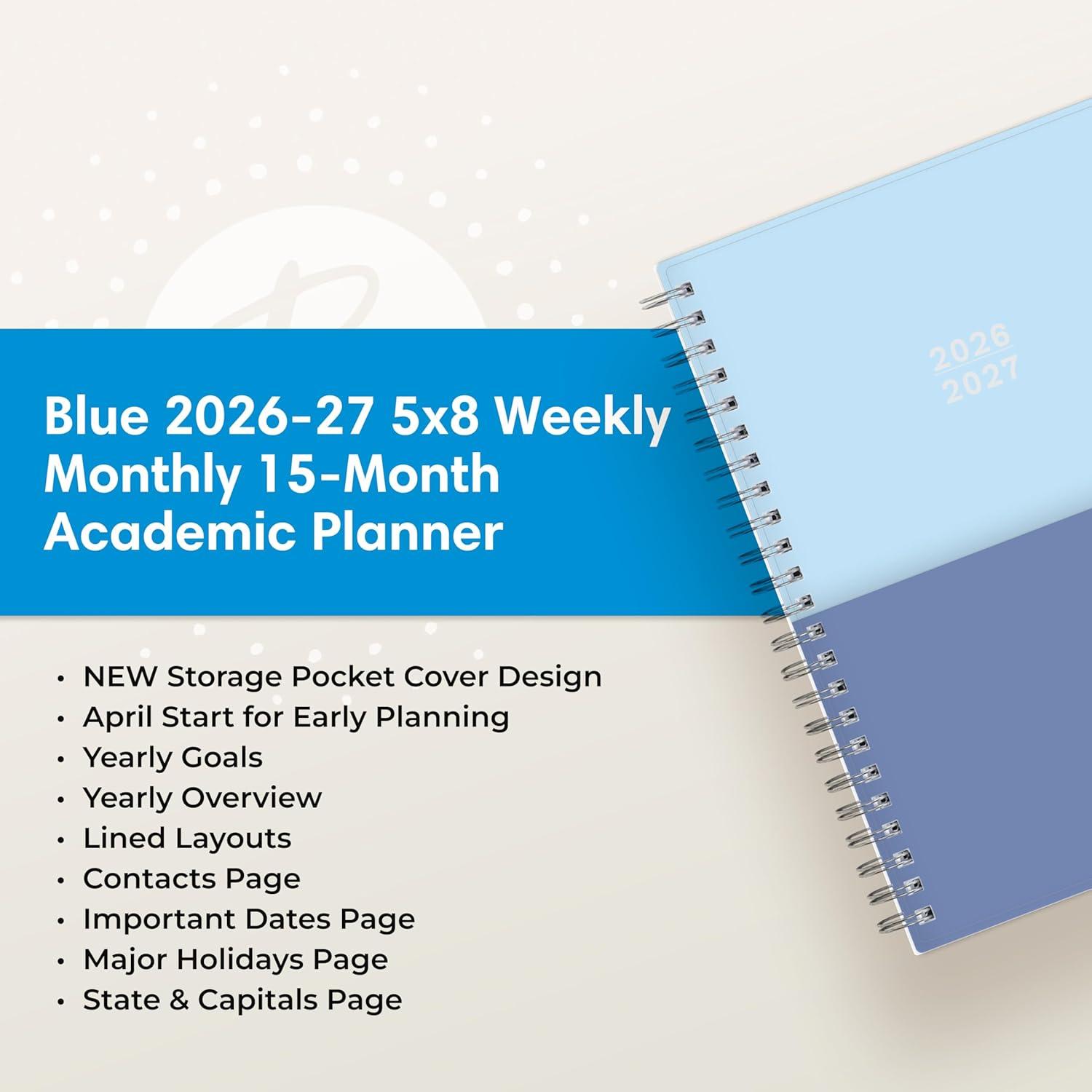 imageBlue Sky 20262027 Weekly and Monthly Academic Year 15 Month Planner Calendar April 2026 June 2027 5 x 8 Flexible Cover With Pockets Wirebound Storage Pocket BluesBlues 20262027