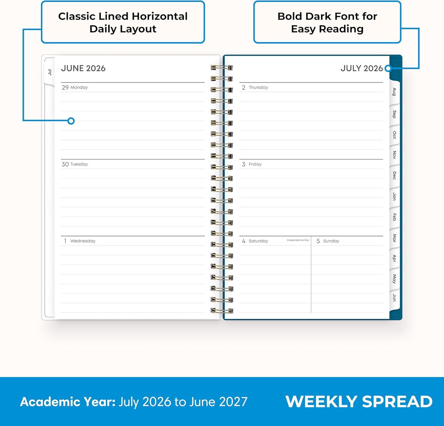 imageBlue Sky 20262027 Weekly and Monthly Academic Year Planner Calendar July 2026 June 2027 5 x 8 Flexible Cover Wirebound Laminated Tabs Bakah BlueBakah Blue 20262027