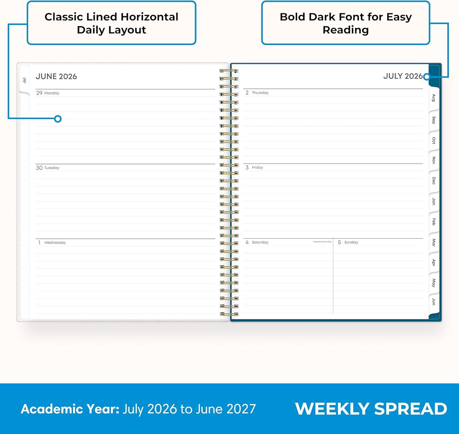 imageBlue Sky 20262027 Weekly and Monthly Academic Year Planner Calendar July 2026 June 2027 5 x 8 Flexible Cover Wirebound Laminated Tabs Bakah BlueBakah Blue 20262027