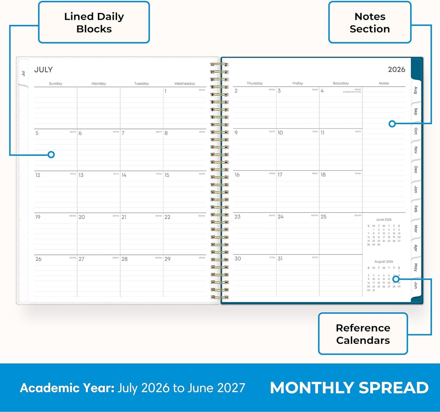 imageBlue Sky 20262027 Weekly and Monthly Academic Year Planner Calendar July 2026 June 2027 5 x 8 Flexible Cover Wirebound Laminated Tabs Bakah BlueBakah Blue 20262027