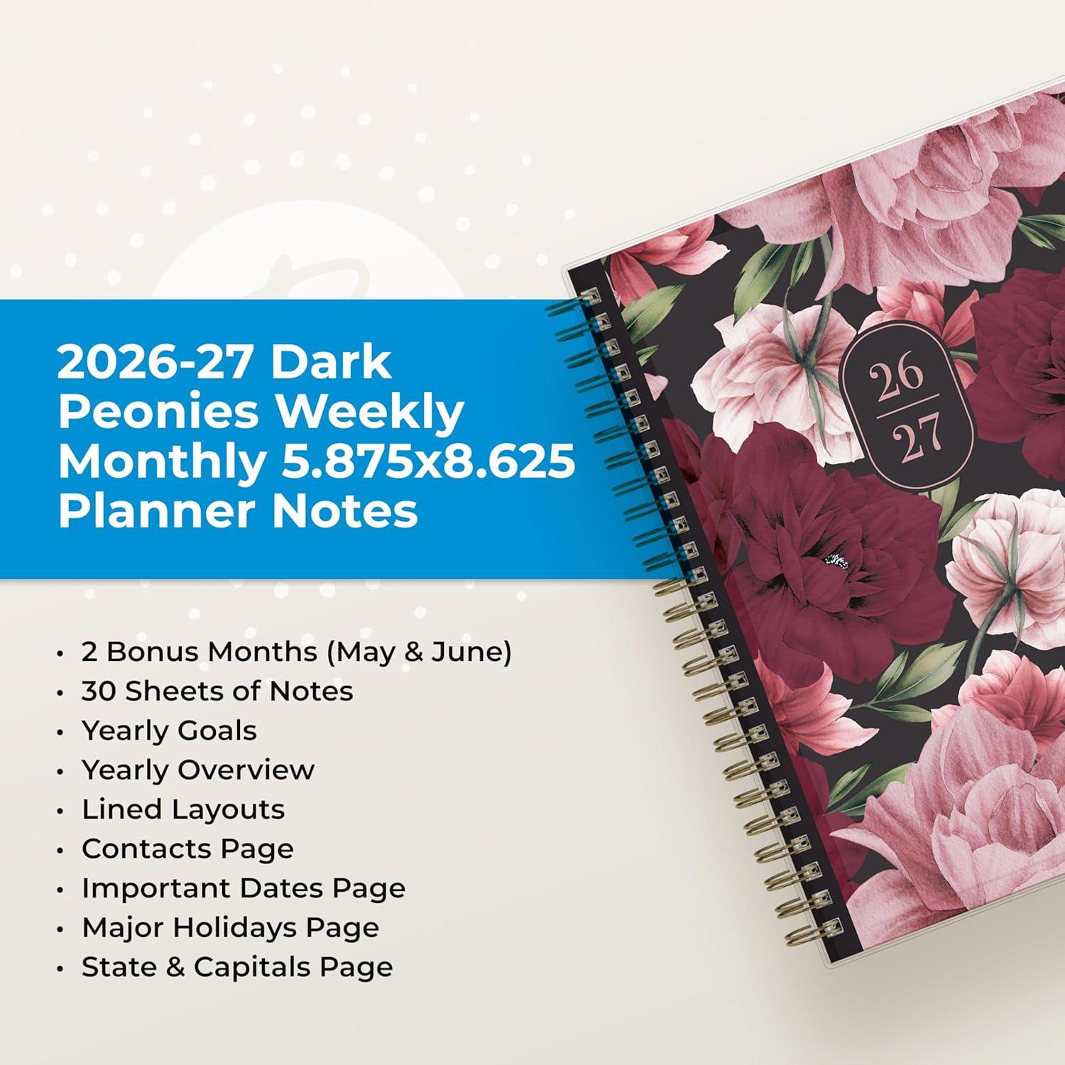 imageBlue Sky 20262027 Weekly and Monthly Academic Year Planner Calendar July 2026 June 2027 5875 x 8625 Flexible Pocket Cover Wirebound Laminated Tabs Includes Extra 30 Sheets of Notes Dark PeoniesDark Peonies 20262027
