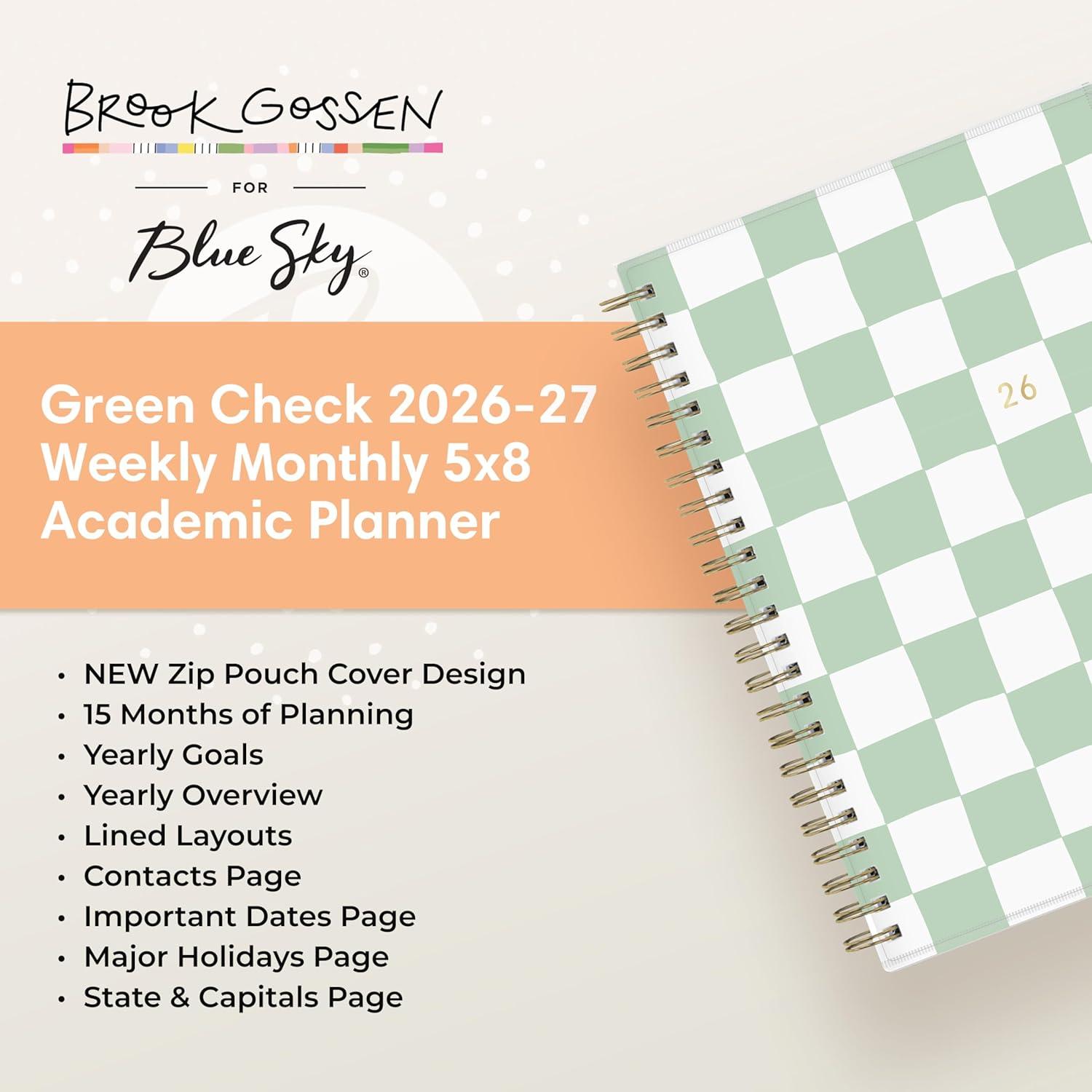 imageBlue Sky Brook Gossen 15 Month 20262027 Weekly and Monthly Academic Year Planner Calendar April 2026 June 2027 5 x 8 Flexible Cover With Zip Pouch Wirebound Laminated Tabs Storage Pocket Rainbow CityGreen Check 20262027