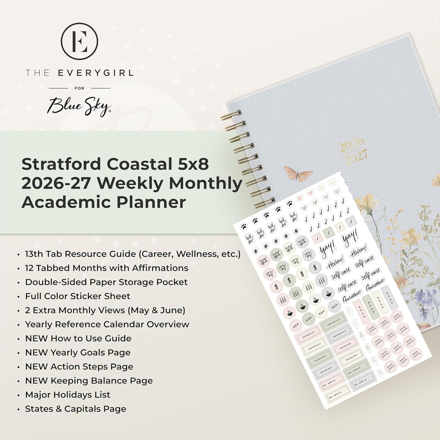 imageBlue Sky The Everygirl 20262027 Weekly and Monthly Academic Year Planner Calendar July 2026 June 2027 5 x 8 Flexible Cover Wirebound Laminated Tabs Storage Pocket Includes Stickers Stratford CoastalStratford Coastal 20262027