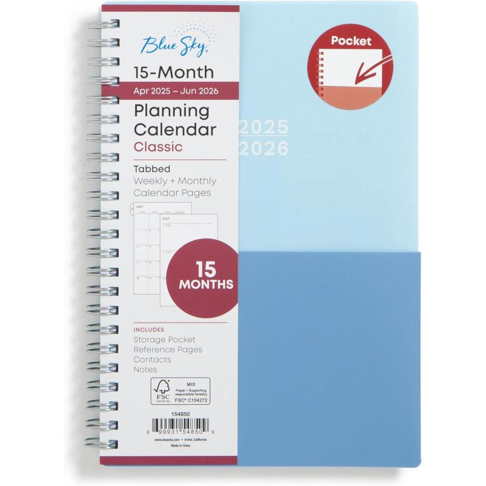 imageBlue Sky 20262027 Weekly and Monthly Academic Year 15 Month Planner Calendar April 2026 June 2027 5 x 8 Flexible Cover With Pockets Wirebound Storage Pocket BluesBlues 20252026