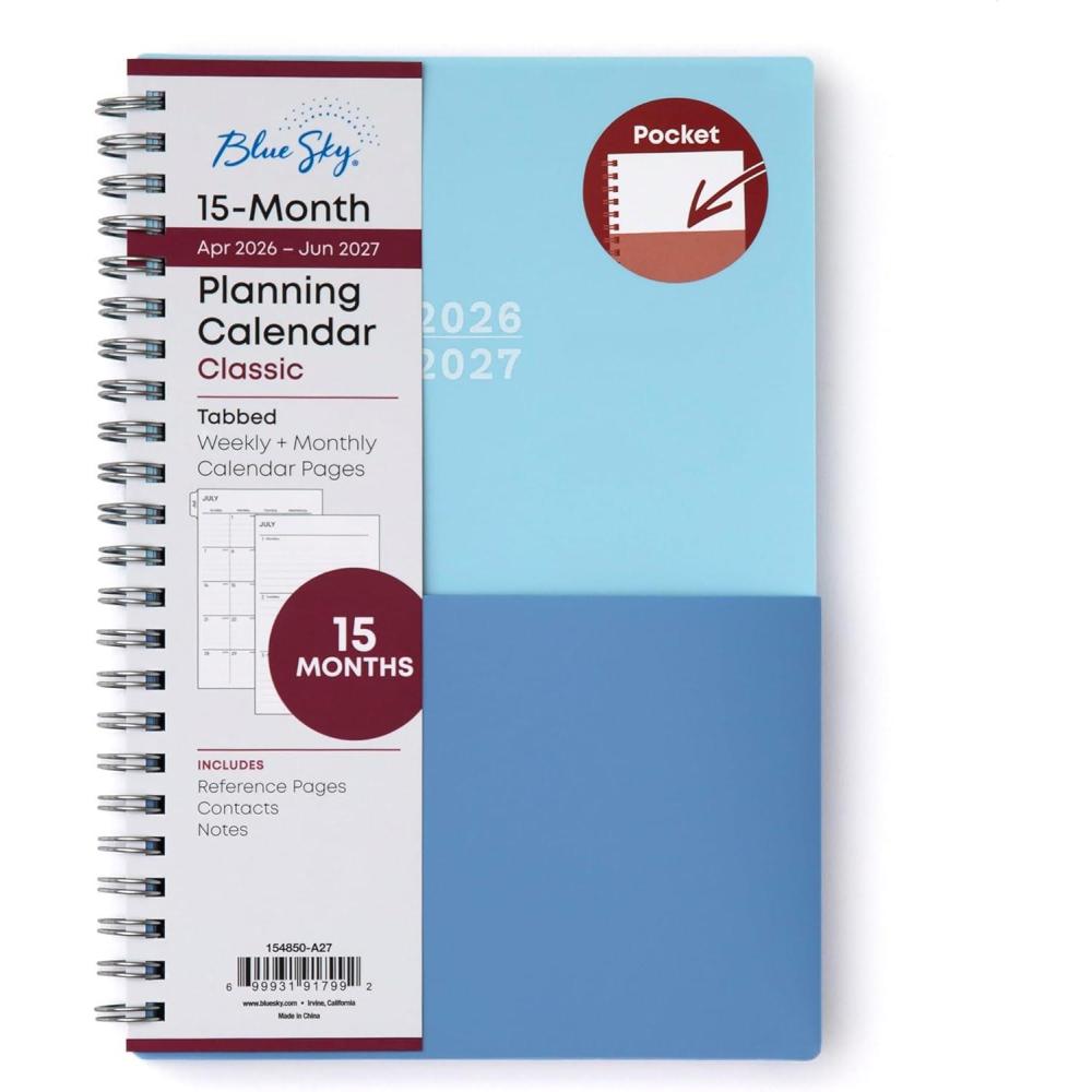 imageBlue Sky 20262027 Weekly and Monthly Academic Year 15 Month Planner Calendar April 2026 June 2027 5 x 8 Flexible Cover With Pockets Wirebound Storage Pocket BluesBlues 20262027