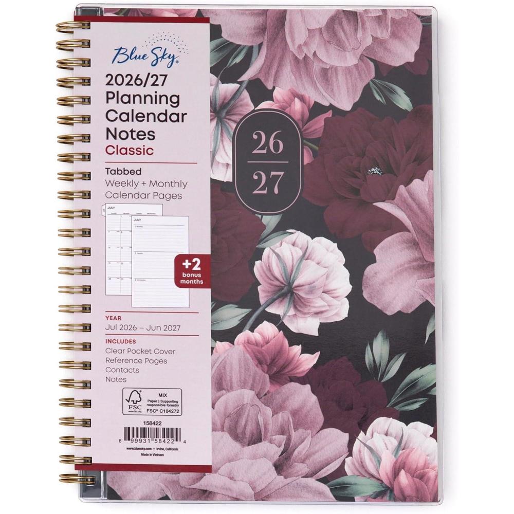 imageBlue Sky 20262027 Weekly and Monthly Academic Year Planner Calendar July 2026 June 2027 5875 x 8625 Flexible Pocket Cover Wirebound Laminated Tabs Includes Extra 30 Sheets of Notes Dark PeoniesDark Peonies 20262027