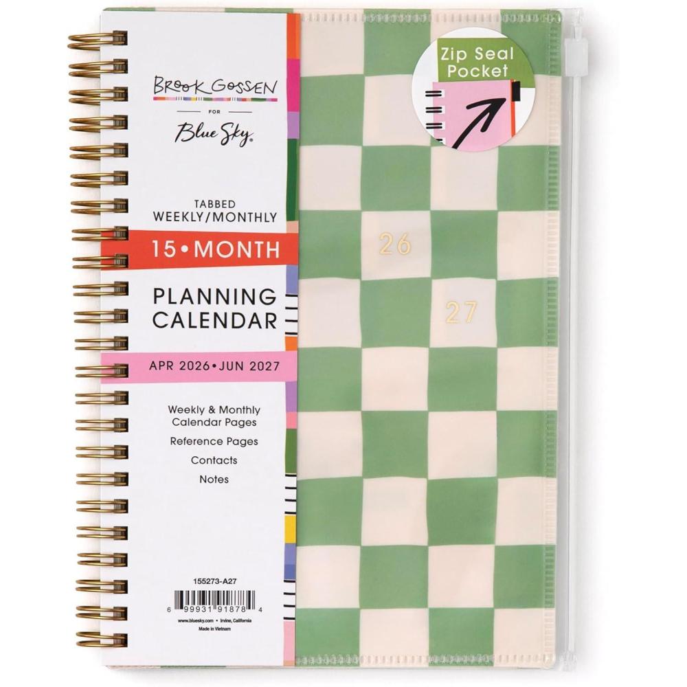 imageBlue Sky Brook Gossen 15 Month 20262027 Weekly and Monthly Academic Year Planner Calendar April 2026 June 2027 5 x 8 Flexible Cover With Zip Pouch Wirebound Laminated Tabs Storage Pocket Rainbow CityGreen Check 20262027