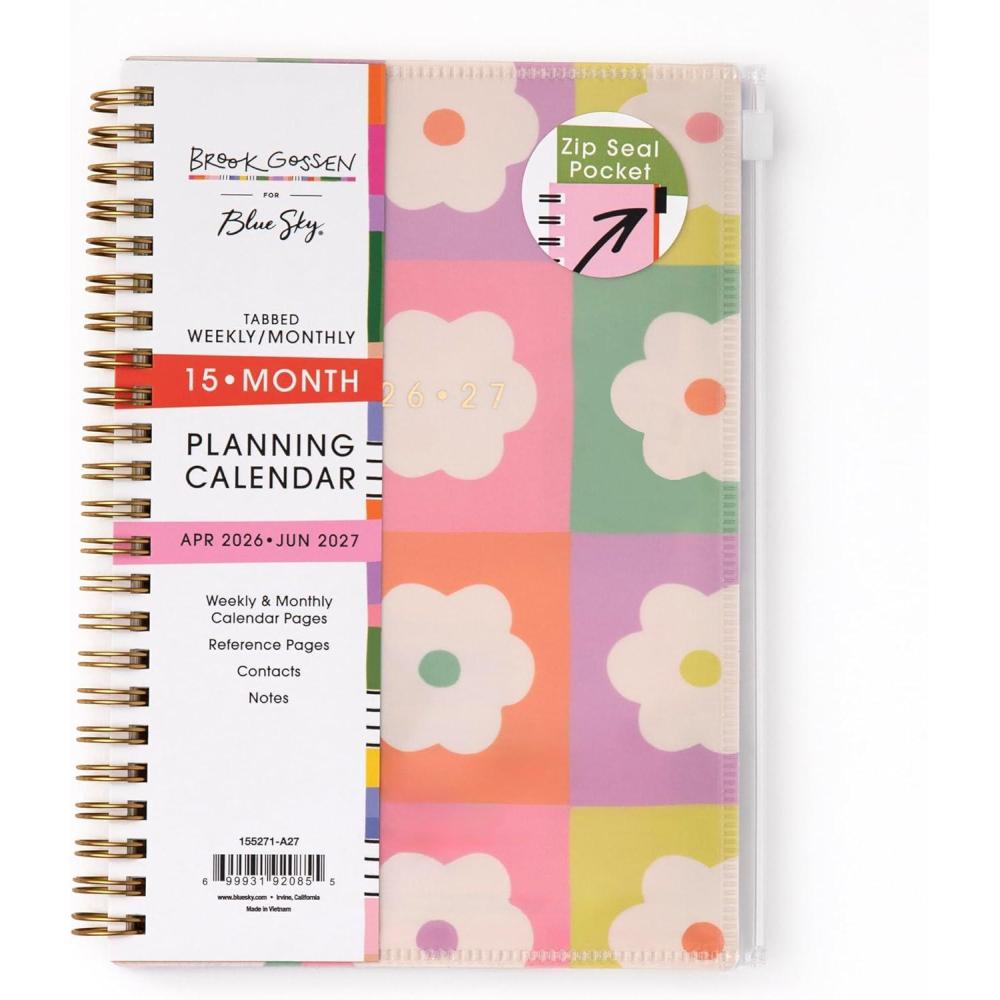 imageBlue Sky Brook Gossen 15 Month 20262027 Weekly and Monthly Academic Year Planner Calendar April 2026 June 2027 5 x 8 Flexible Cover With Zip Pouch Wirebound Laminated Tabs Storage Pocket Rainbow CityDaisy 20262027