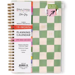 Blue Sky Brook Gossen 15 Month 2026-2027 Weekly and Monthly Academic Year Planner Calendar, April 2026 – June 2027, 5″ x 8″, Flexible Cover With Zip Pouch, Wirebound, Laminated Tabs, Storage Pocket, Rainbow City(Green Check- 2026/2027)