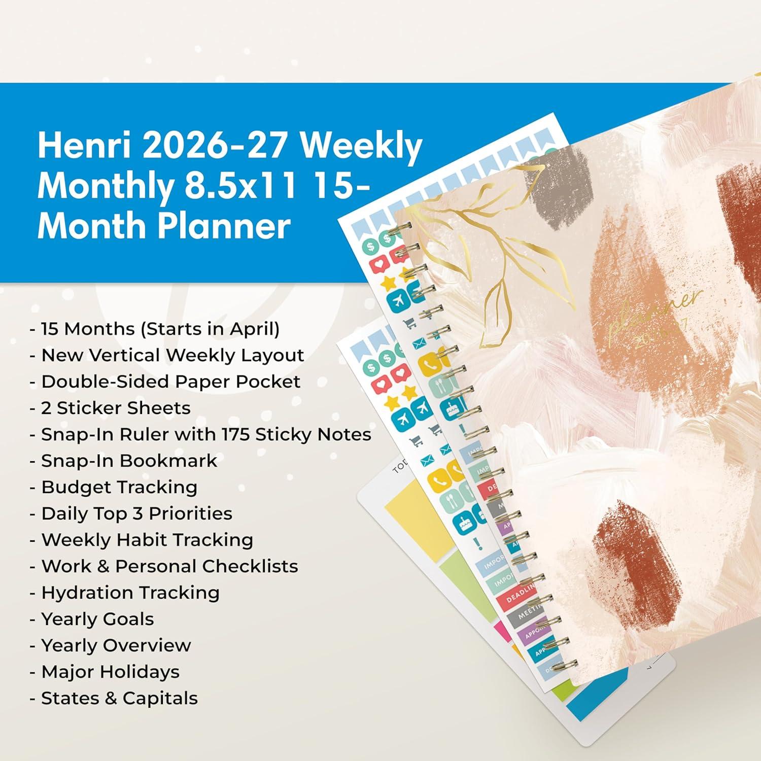 imageBlue Sky 15 Month 20262027 Weekly and Monthly Academic Year Planner Calendar April 2026 June 2027 85 x 11 Hard Cover Wirebound Laminated Tabs Storage Pocket Includes Snapin Ruler wSticky Notes amp Sticker Sheet Londonberry WhiteHenri 20262027