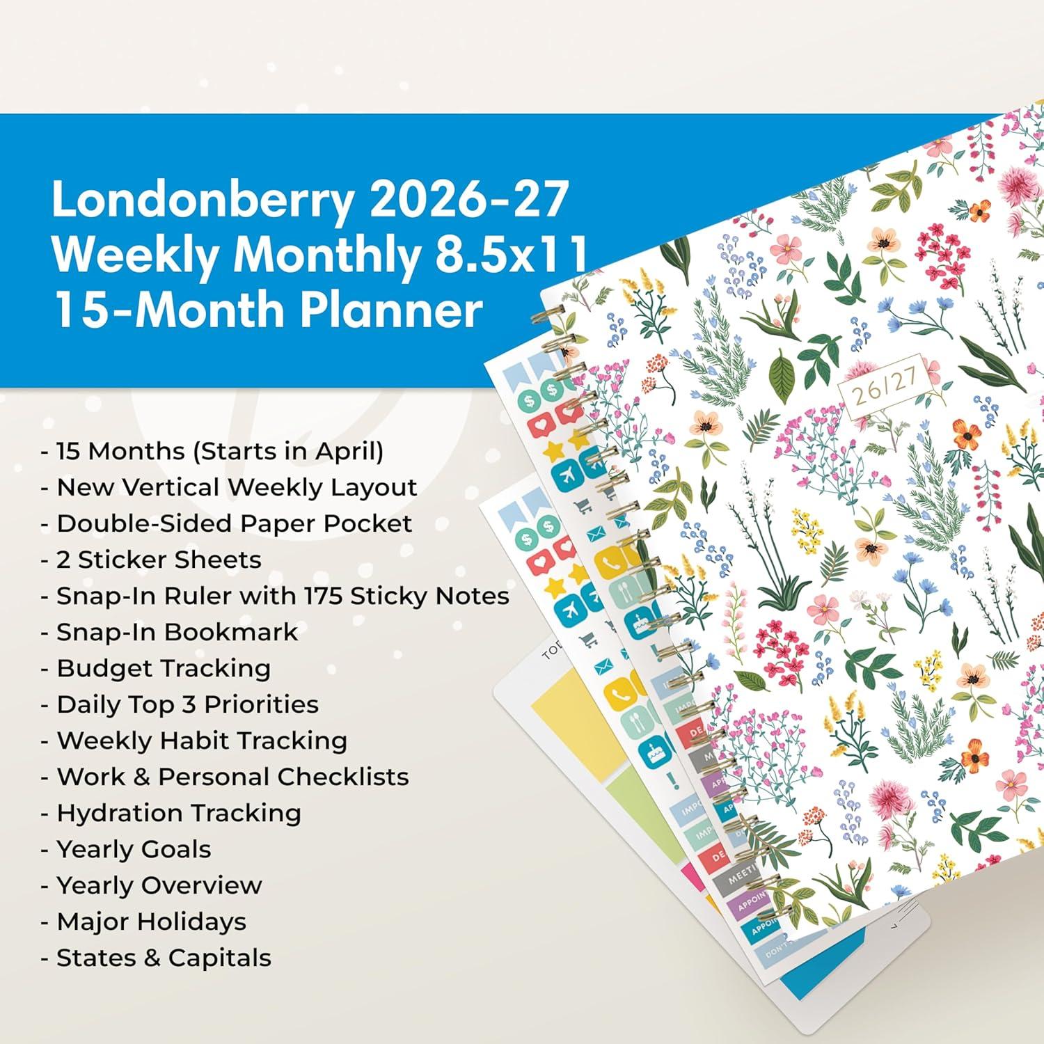 imageBlue Sky 15 Month 20262027 Weekly and Monthly Academic Year Planner Calendar April 2026 June 2027 85 x 11 Hard Cover Wirebound Laminated Tabs Storage Pocket Includes Snapin Ruler wSticky Notes amp Sticker Sheet Londonberry WhiteLondonberry 20262027
