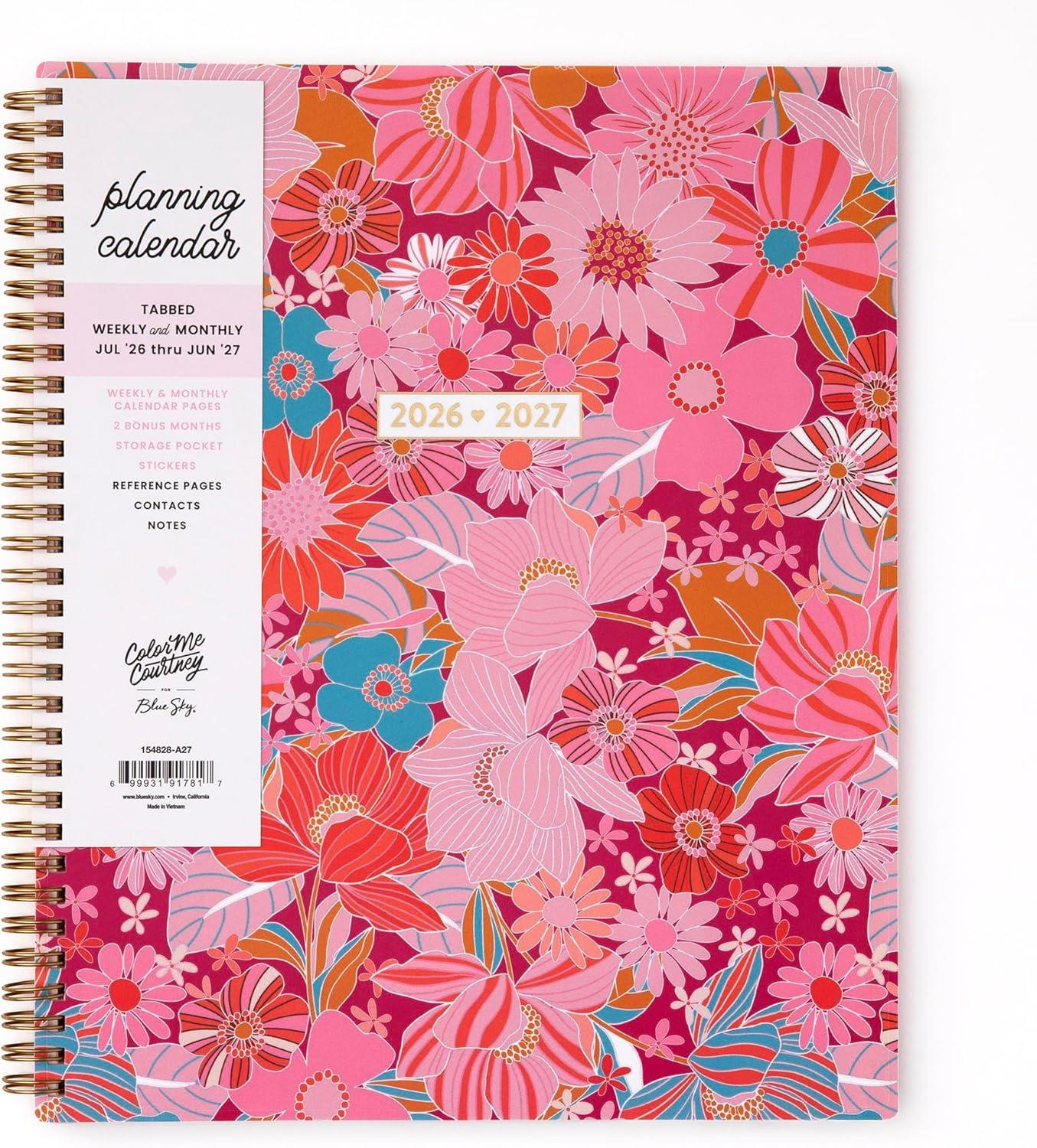 imageBlue Sky Color Me Courtney 20262027 Weekly and Monthly Academic Year Planner Calendar July 2026 June 2027 5 x 8 Flexible Cover Wirebound Laminated Tabs Storage Pocket Includes Stickers Bloom PinkBloom Pink 20262027