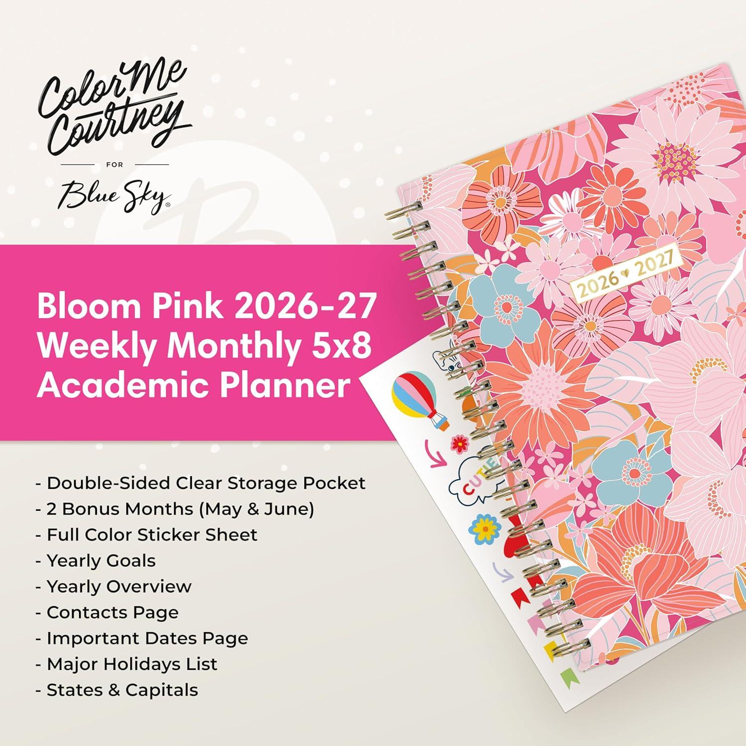 imageBlue Sky Color Me Courtney 20262027 Weekly and Monthly Academic Year Planner Calendar July 2026 June 2027 5 x 8 Flexible Cover Wirebound Laminated Tabs Storage Pocket Includes Stickers Bloom PinkBloom Pink 20262027