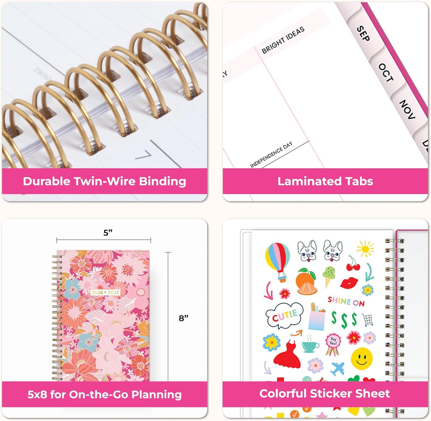 imageBlue Sky Color Me Courtney 20262027 Weekly and Monthly Academic Year Planner Calendar July 2026 June 2027 5 x 8 Flexible Cover Wirebound Laminated Tabs Storage Pocket Includes Stickers Bloom PinkBloom Pink 20262027