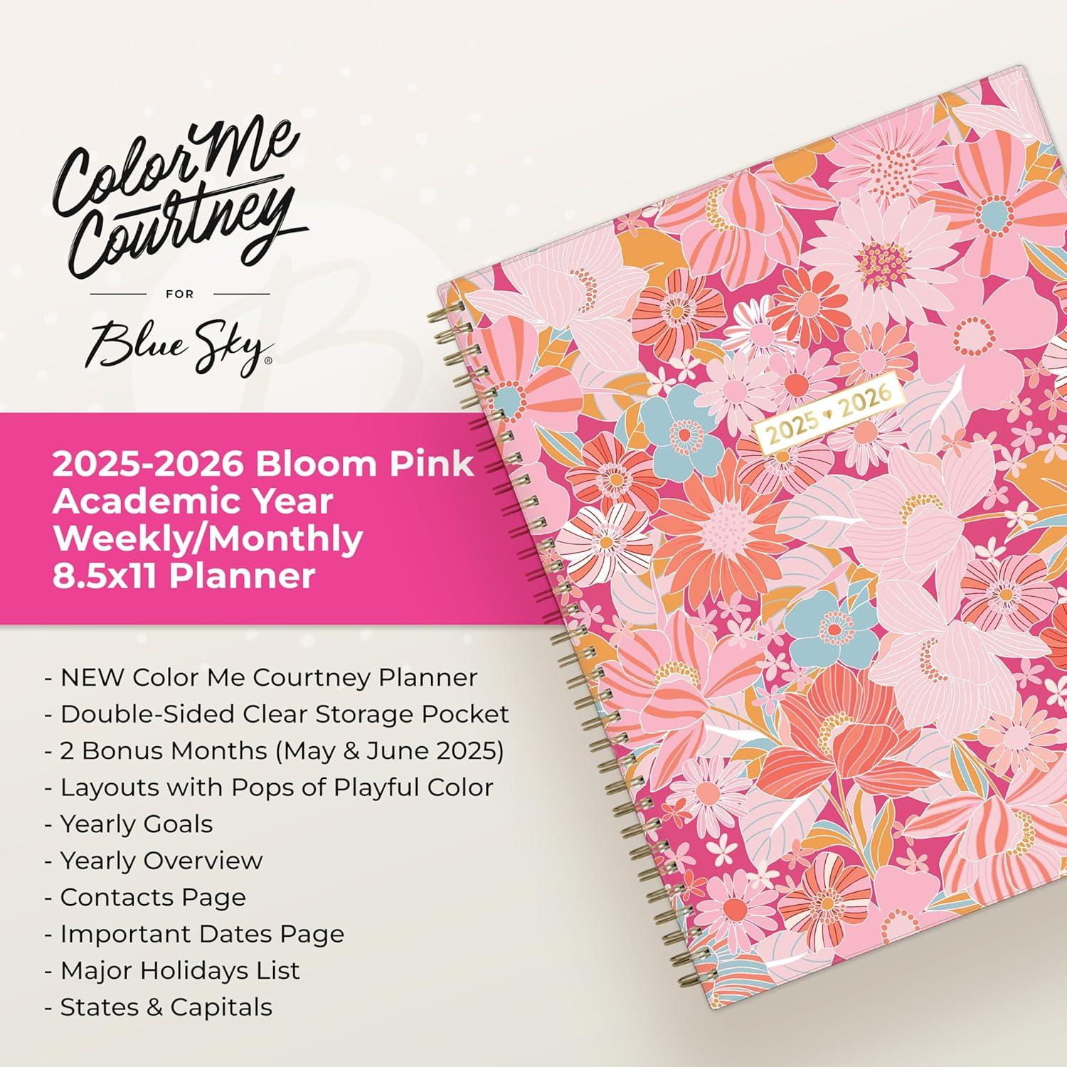 imageBlue Sky Color Me Courtney 20262027 Weekly and Monthly Academic Year Planner Calendar July 2026 June 2027 5 x 8 Flexible Cover Wirebound Laminated Tabs Storage Pocket Includes Stickers Bloom PinkBloom Pink 20252026