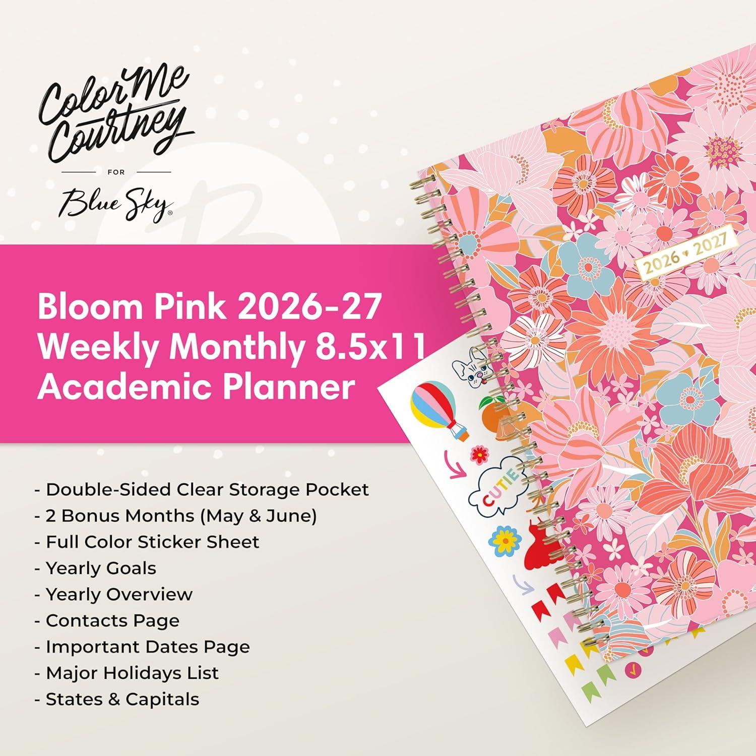 imageBlue Sky Color Me Courtney 20262027 Weekly and Monthly Academic Year Planner Calendar July 2026 June 2027 5 x 8 Flexible Cover Wirebound Laminated Tabs Storage Pocket Includes Stickers Bloom PinkBloom Pink 20262027