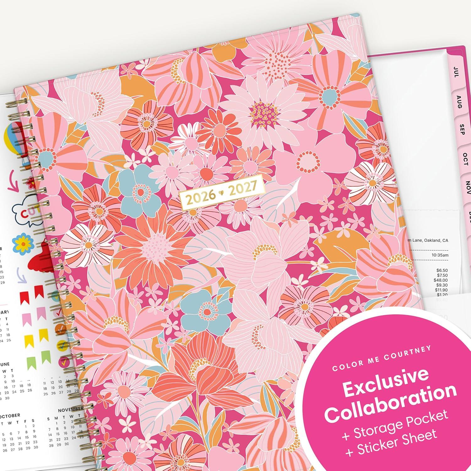 imageBlue Sky Color Me Courtney 20262027 Weekly and Monthly Academic Year Planner Calendar July 2026 June 2027 5 x 8 Flexible Cover Wirebound Laminated Tabs Storage Pocket Includes Stickers Bloom PinkBloom Pink 20262027