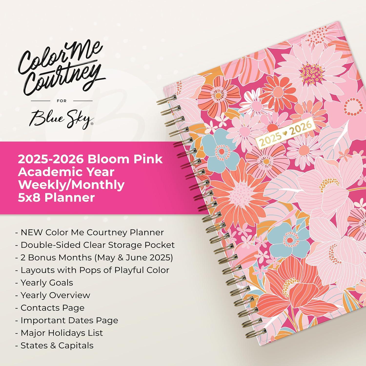 imageBlue Sky Color Me Courtney 20262027 Weekly and Monthly Academic Year Planner Calendar July 2026 June 2027 5 x 8 Flexible Cover Wirebound Laminated Tabs Storage Pocket Includes Stickers Bloom PinkBloom Pink 20252026