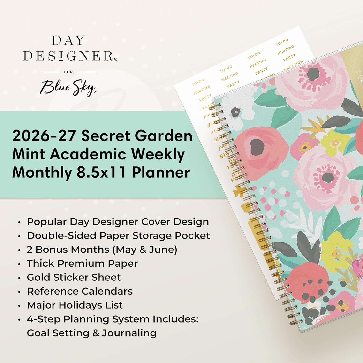 imageBlue Sky Day Designer 20262027 Weekly and Monthly Academic Year Planner Calendar July 2026 June 2027 5 x 8 Flexible Cover Laminated Tabs Storage Pocket Includes Stickers Secret Garden MintSecret Garden Mint 20262027