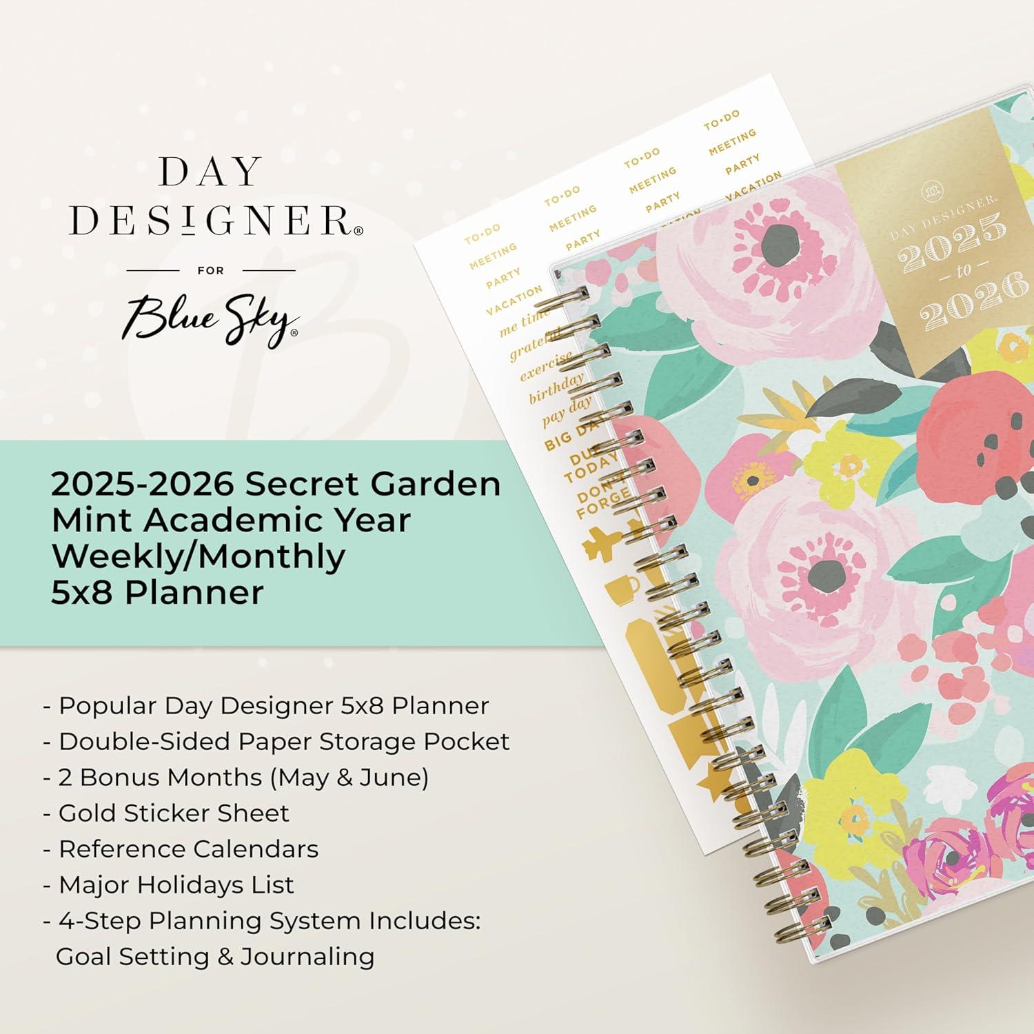 imageBlue Sky Day Designer 20262027 Weekly and Monthly Academic Year Planner Calendar July 2026 June 2027 5 x 8 Flexible Cover Laminated Tabs Storage Pocket Includes Stickers Secret Garden MintSecret Garden Mint 20252026