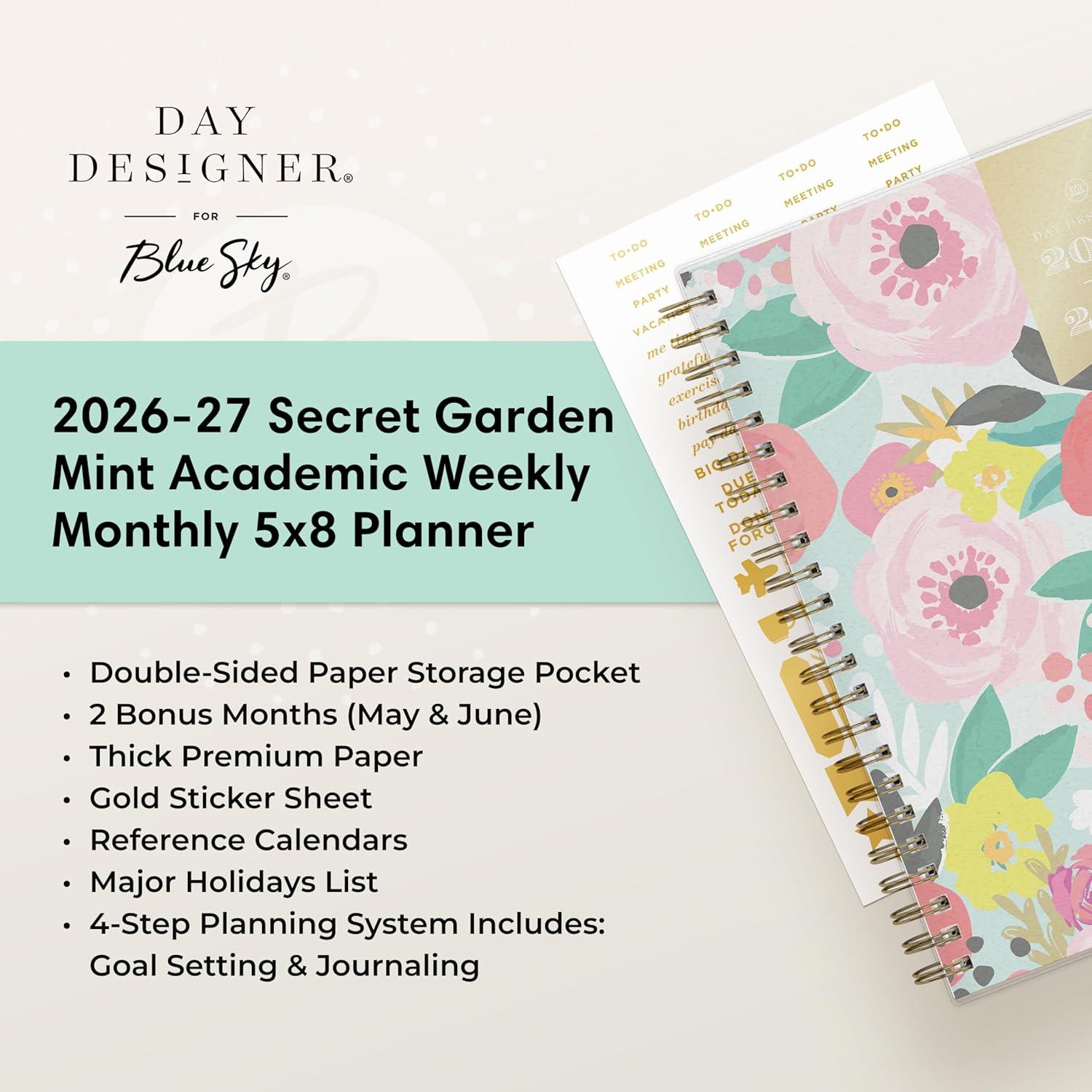 imageBlue Sky Day Designer 20262027 Weekly and Monthly Academic Year Planner Calendar July 2026 June 2027 5 x 8 Flexible Cover Laminated Tabs Storage Pocket Includes Stickers Secret Garden MintSecret Garden Mint 20262027