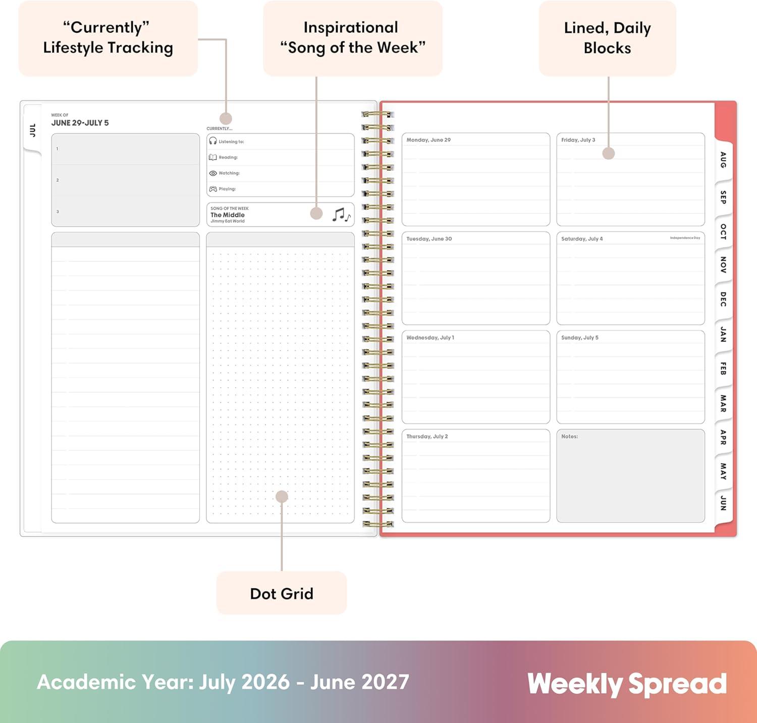 imageBlue Sky Gen Z 20262027 Weekly and Monthly Academic Year Planner Calendar July 2026 June 2027 5 x 8 Flexible Interchangeable Cover Wirebound Laminated Tabs Storage Pocket GladysGladys 20262027