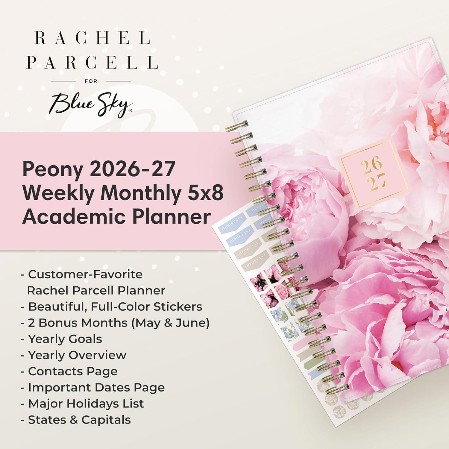 imageBlue Sky Rachel Parcell 20262027 Weekly and Monthly Academic Year Planner Calendar July 2026 June 2027 5 x 8 Flexible Cover Wirebound Laminated Tabs Storage Pocket Includes Stickers PeonyPeony 20262027