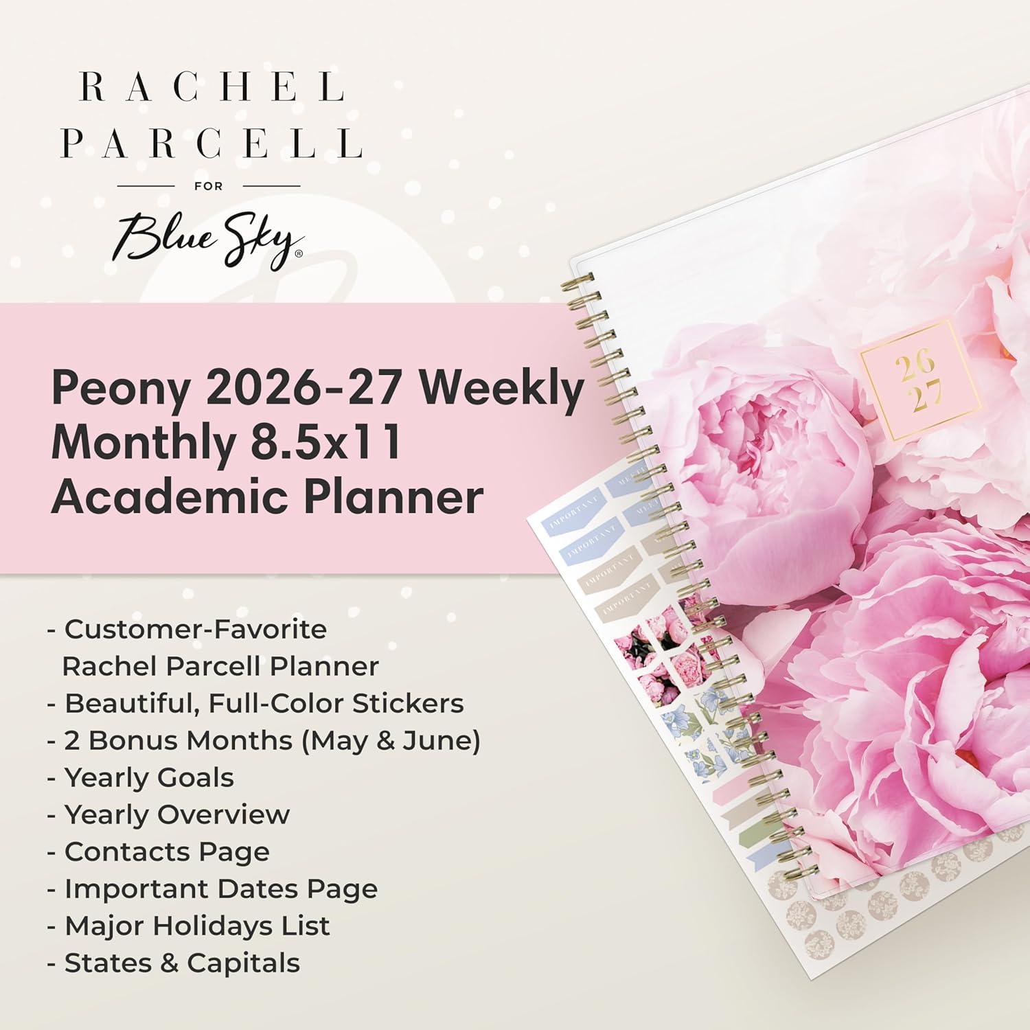 imageBlue Sky Rachel Parcell 20262027 Weekly and Monthly Academic Year Planner Calendar July 2026 June 2027 5 x 8 Flexible Cover Wirebound Laminated Tabs Storage Pocket Includes Stickers PeonyPeony 20262027
