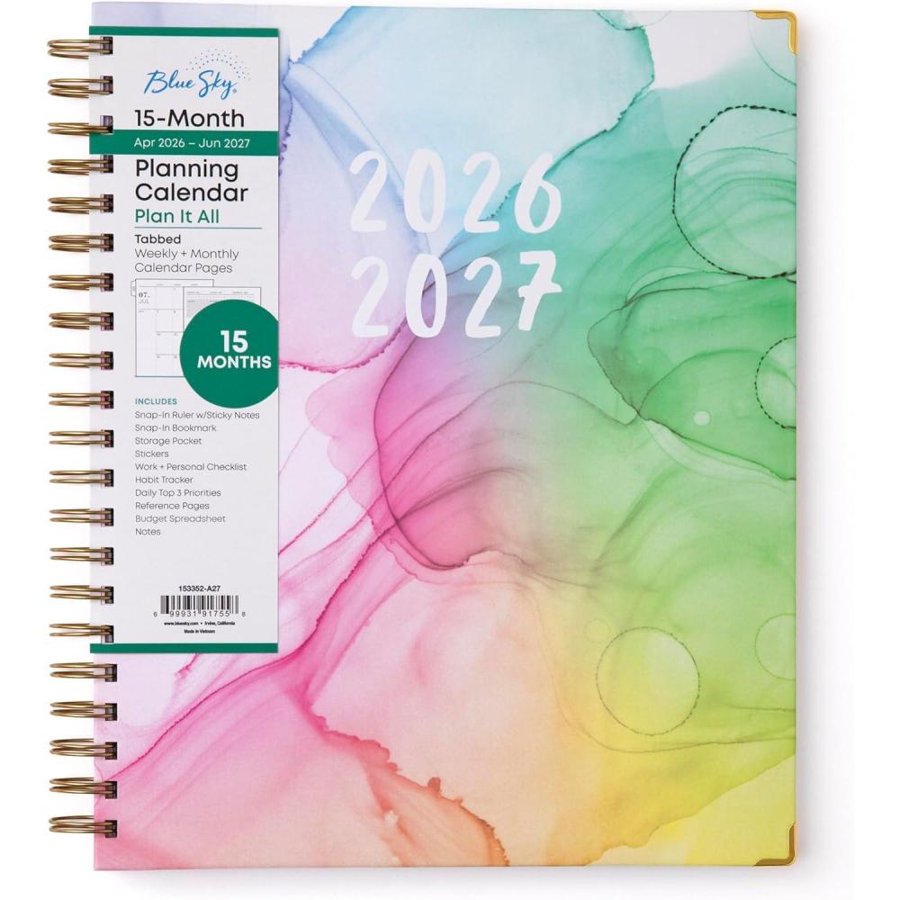 imageBlue Sky 15 Month 20262027 Weekly and Monthly Academic Year Planner Calendar April 2026 June 2027 85 x 11 Hard Cover Wirebound Laminated Tabs Storage Pocket Includes Snapin Ruler wSticky Notes amp Sticker Sheet Londonberry WhiteRainbow Ink 20262027