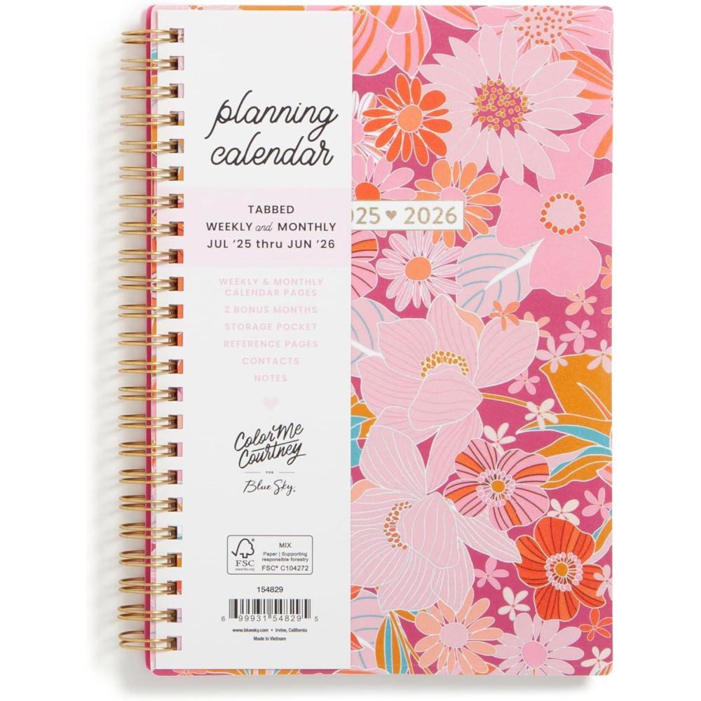 imageBlue Sky Color Me Courtney 20262027 Weekly and Monthly Academic Year Planner Calendar July 2026 June 2027 5 x 8 Flexible Cover Wirebound Laminated Tabs Storage Pocket Includes Stickers Bloom PinkBloom Pink 20252026