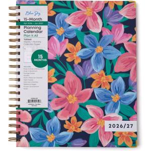 Blue Sky 15 Month 2026-2027 Weekly and Monthly Academic Year Planner Calendar, April 2026 – June 2027, 8.5″ x 11″, Hard Cover, Wirebound, Laminated Tabs, Storage Pocket, Includes Snap-in Ruler w/Sticky Notes & Sticker Sheet, Londonberry White(Nerina- 2026/2027)