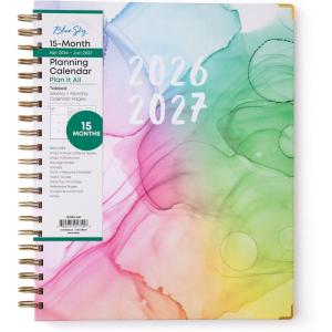 Blue Sky 15 Month 2026-2027 Weekly and Monthly Academic Year Planner Calendar, April 2026 – June 2027, 8.5″ x 11″, Hard Cover, Wirebound, Laminated Tabs, Storage Pocket, Includes Snap-in Ruler w/Sticky Notes & Sticker Sheet, Londonberry White(Rainbow Ink- 2026/2027)