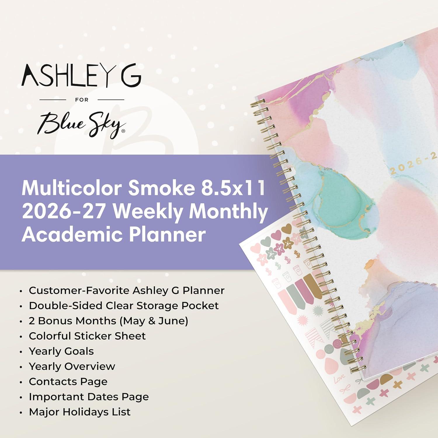 imageBlue Sky Ashley G 20262027 Weekly and Monthly Academic Year Planner Calendar July 2026 June 2027 85 x 11 Flexible Cover Wirebound Laminated Tabs Storage Pocket Includes Sticker Sheet Multi Color SmokeMulti Color Smoke 20262027