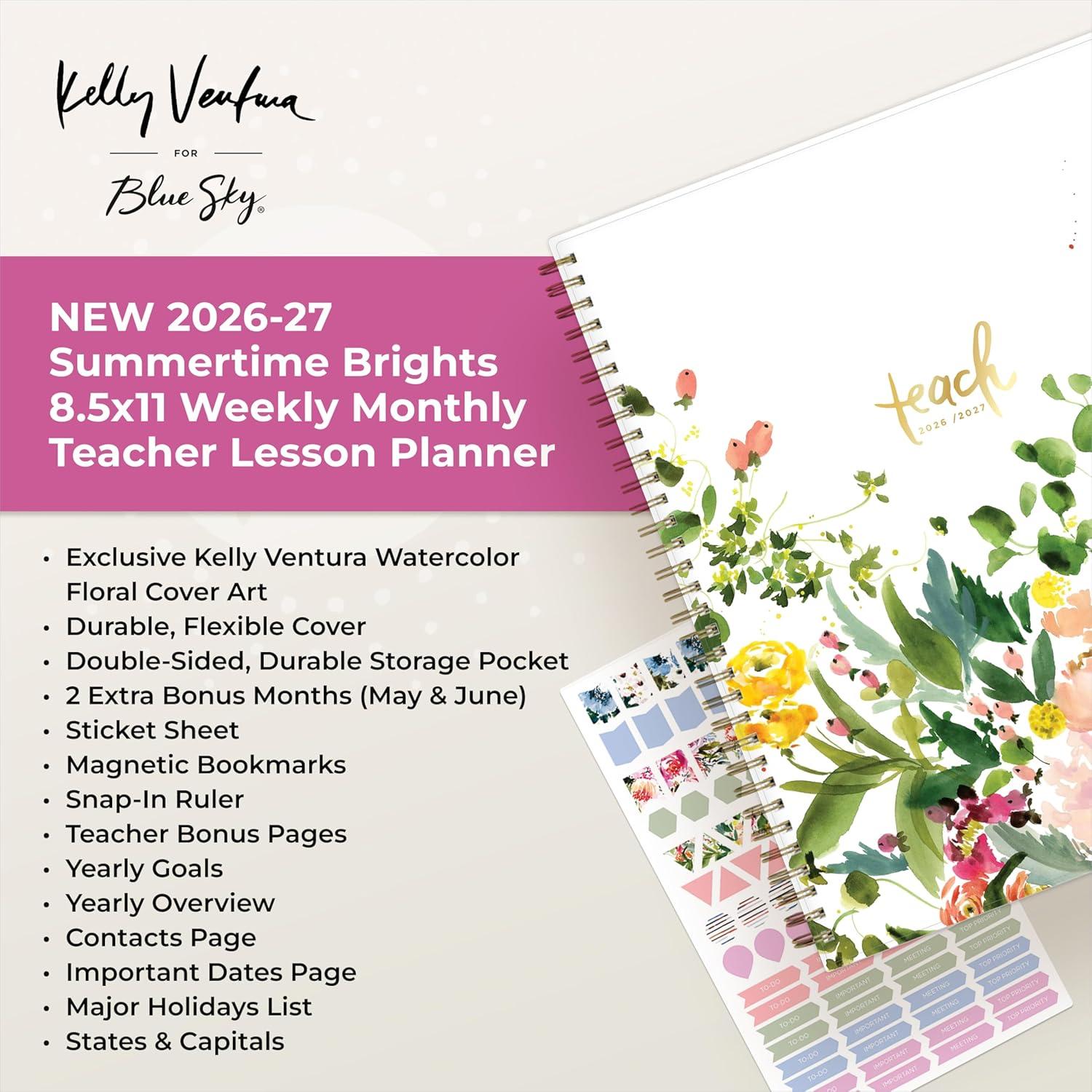 imageBlue Sky Kelly Ventura 20262027 Weekly and Monthly Academic Year Teacher Lesson Planner Calendar July 2026 June 2027 85 x 11 Flexible Cover Wirebound Laminated Tabs Storage Pocket Magnetic amp Snap In Book Marks Includes Stickers Summertime BrightsSummertime Brights 20262027