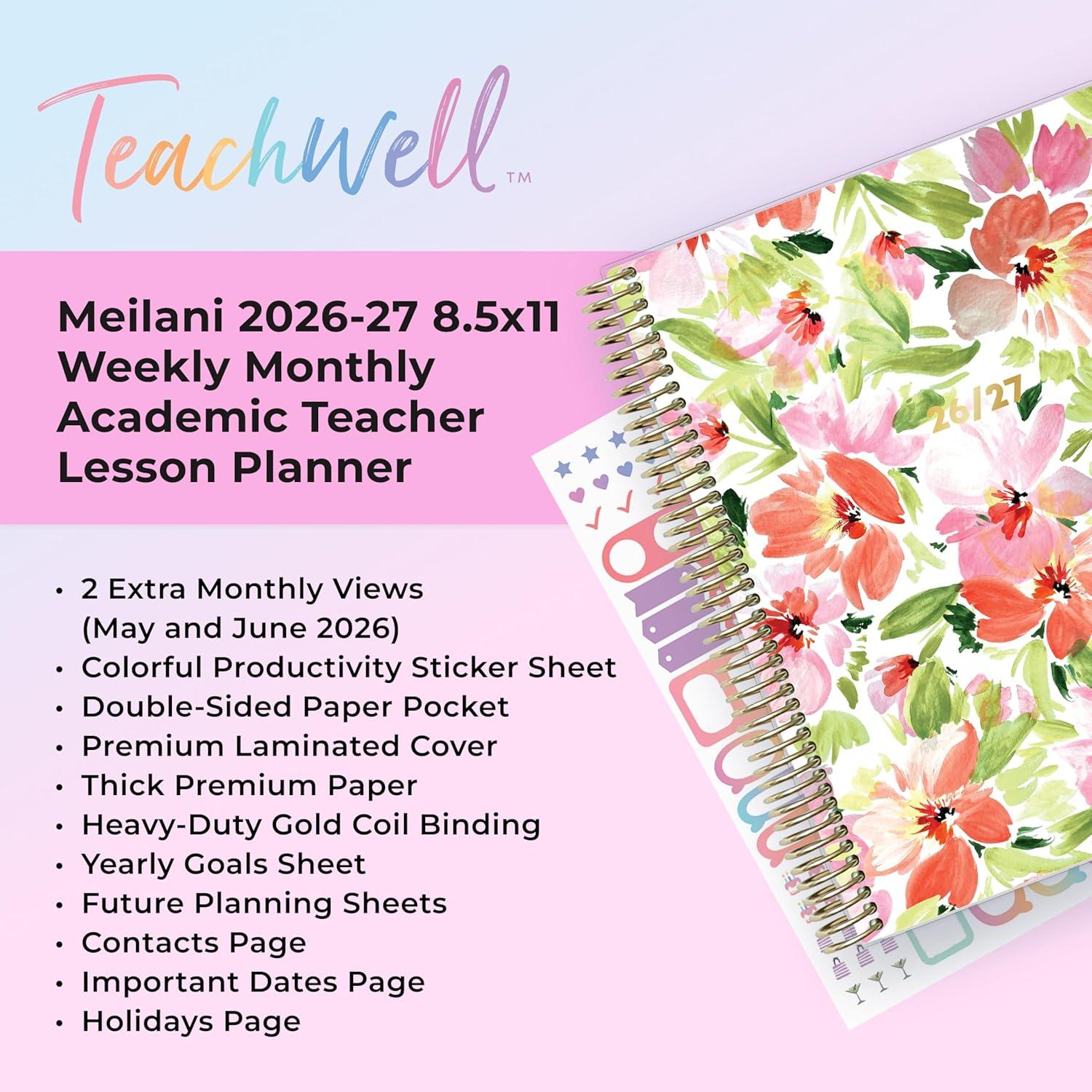 imageBlue Sky Teachwell 20262027 Weekly and Monthly Academic Year Teacher Lesson Planner Calendar July 2026 June 2027 85 x 11 Flexible Cover Heavy Duty Coil Binding Colorful Interior Laminated Tabs Storage Pocket Includes Stickers MeilaniMeilani 20262027