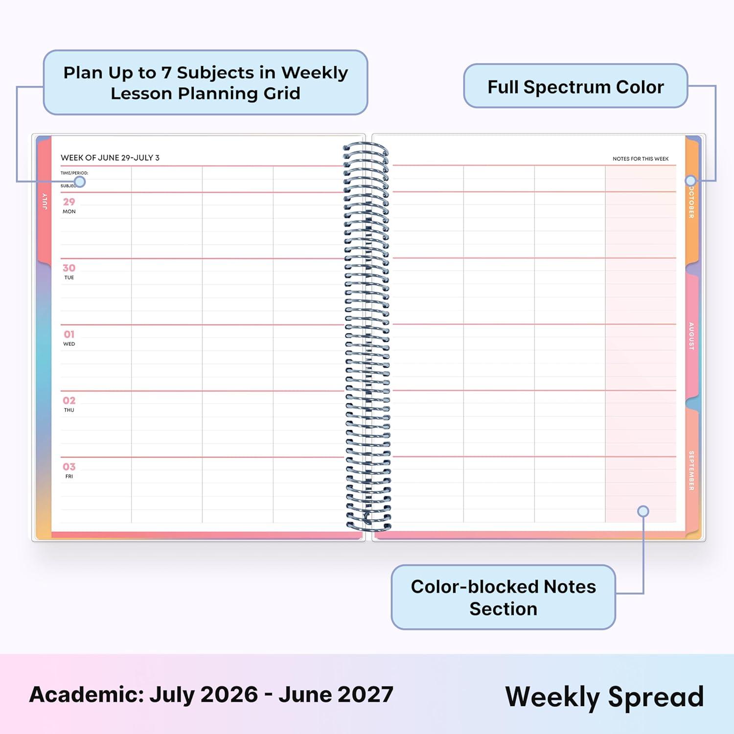 imageBlue Sky Teachwell 20262027 Weekly and Monthly Academic Year Teacher Lesson Planner Calendar July 2026 June 2027 85 x 11 Flexible Cover Heavy Duty Coil Binding Colorful Interior Laminated Tabs Storage Pocket Includes Stickers MeilaniMikki 20262027